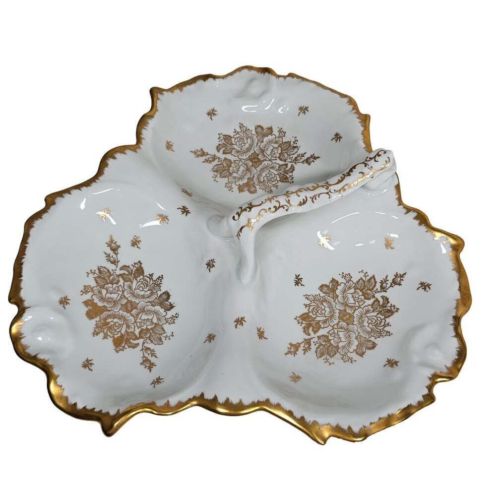 Vintage Porcelaine De France Hand Painted Divided Serving Dish Gold Trim & Flora